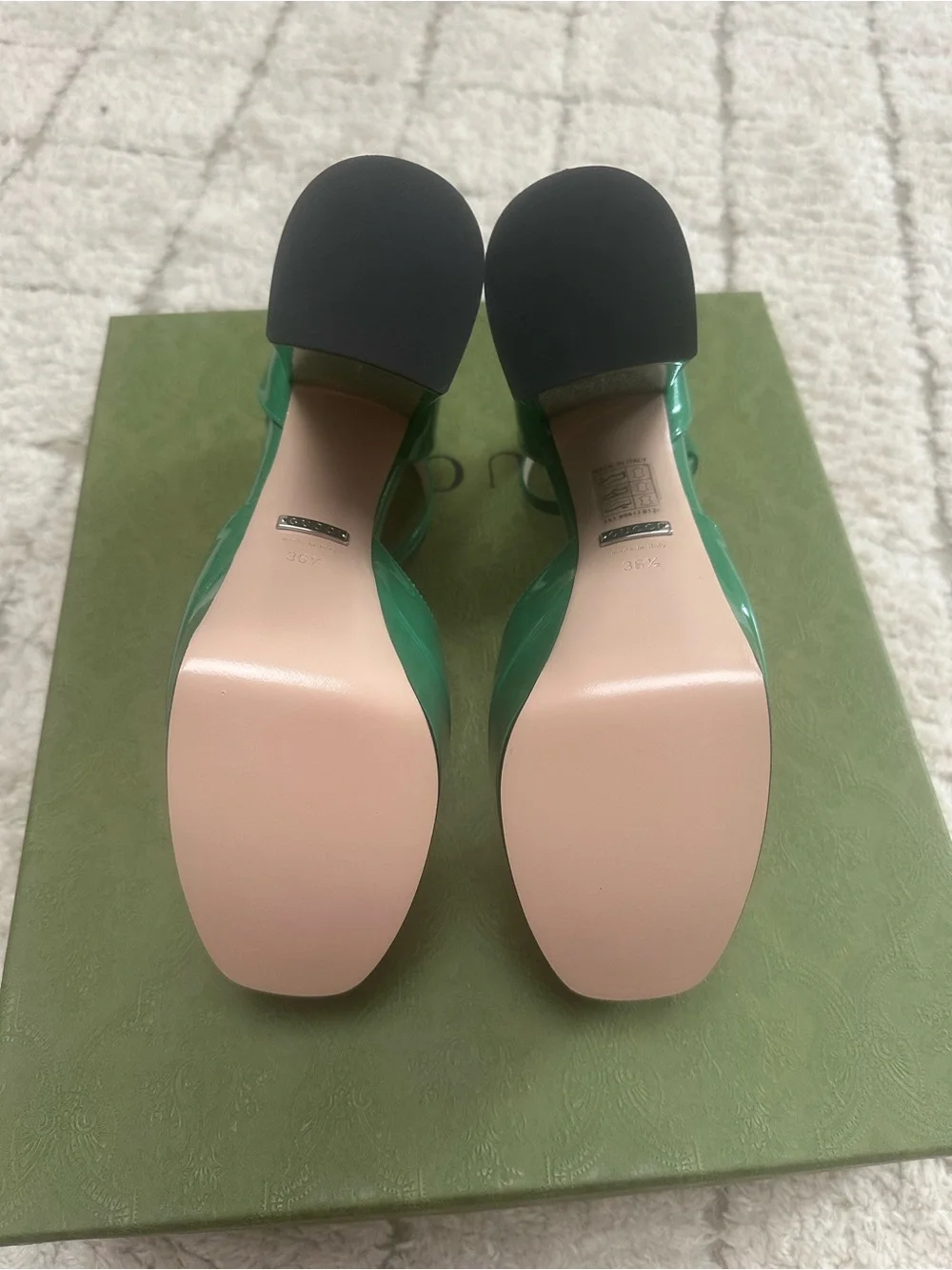 Gucci Glossy Emerald Green Patent Platform Pumps with Crystal GG Buckle